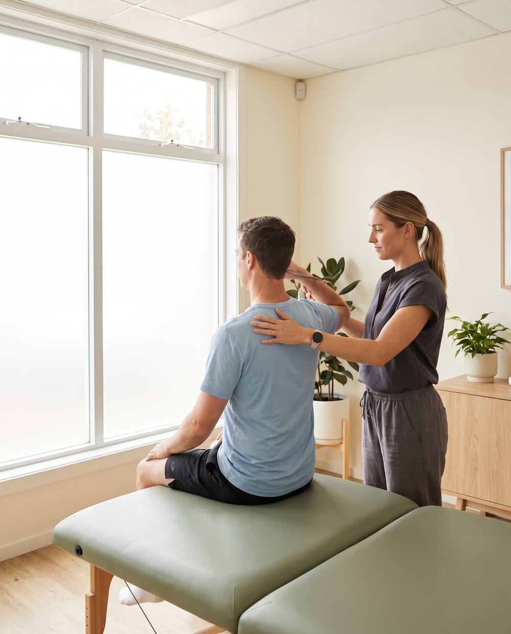 Physiotherapist guiding a patient through an exercise